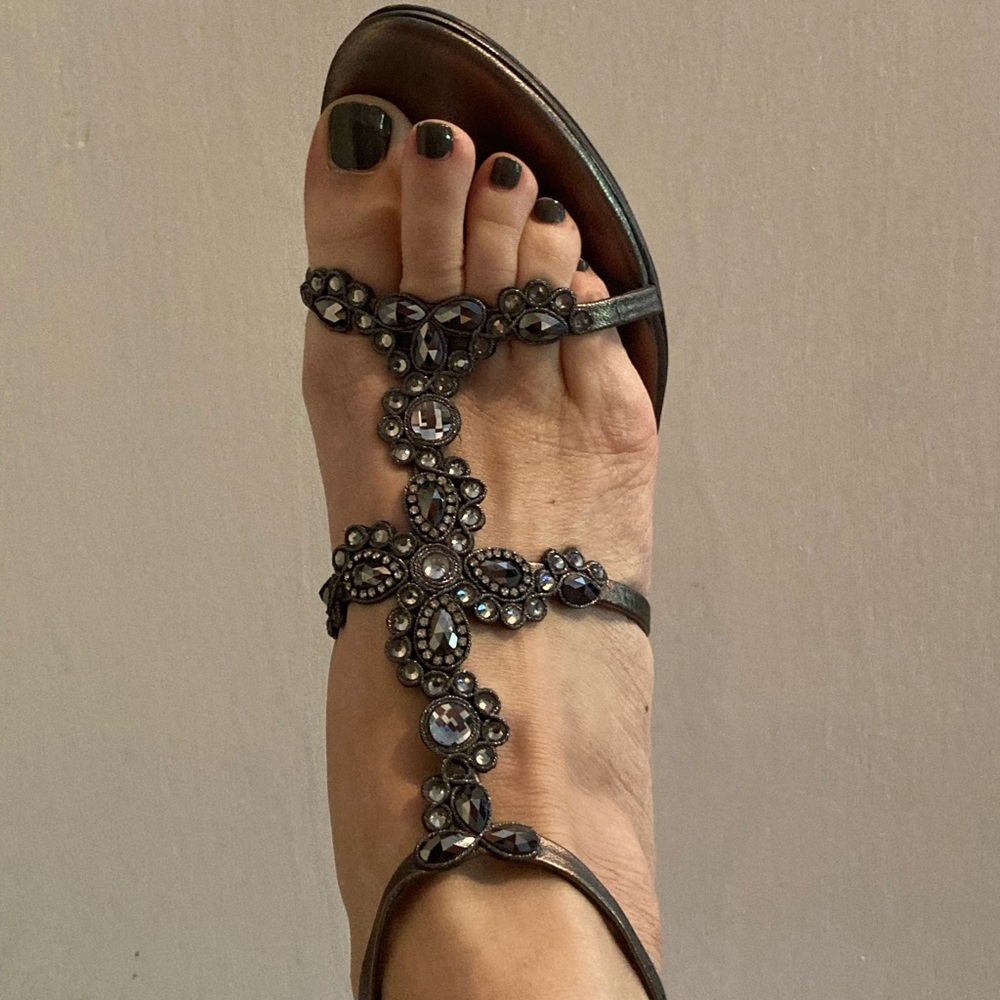 Ramon Tenza Fancy Evening Sandal Size 11.  Smoky gemstones.  One heel has scuff.
